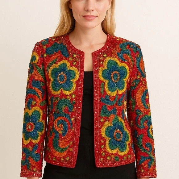 NEW Designer Sample Embroidered Jacket Colorful Boho Floral Statement Sz M - Picture 14 of 14